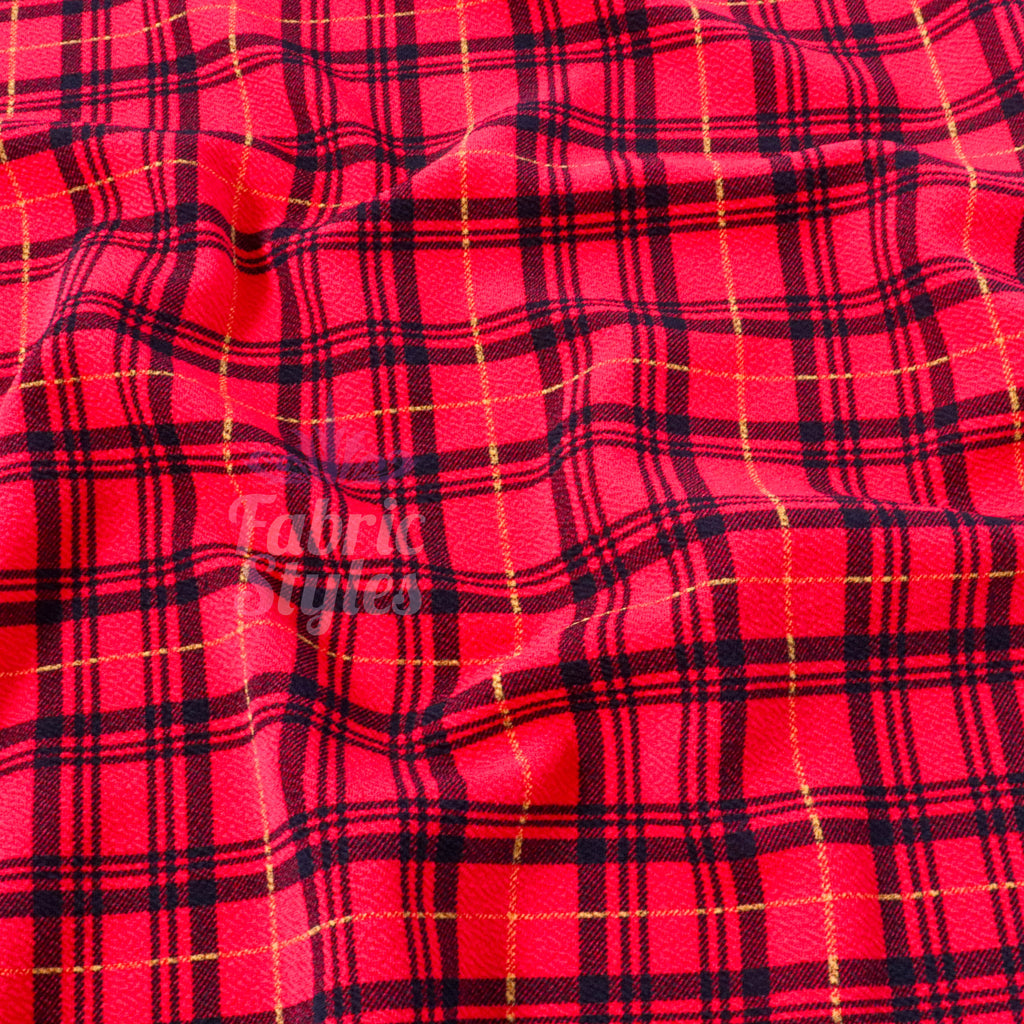 Red Tartan Check Waffle Stretch Textured Fabric