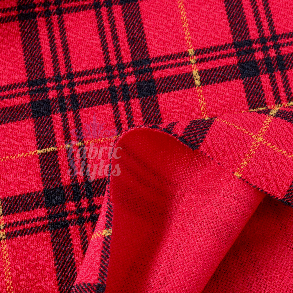 Red Tartan Check Waffle Stretch Textured Fabric