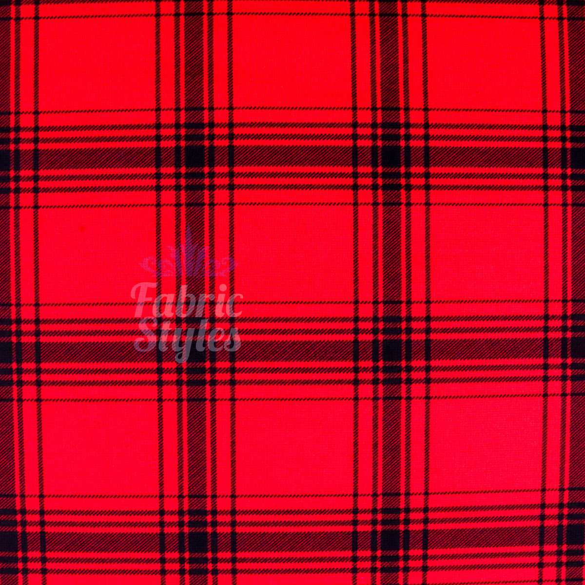 Red & Black Tartan Check Polyester Elastane 2 Way Stretch Fabric 240gsm