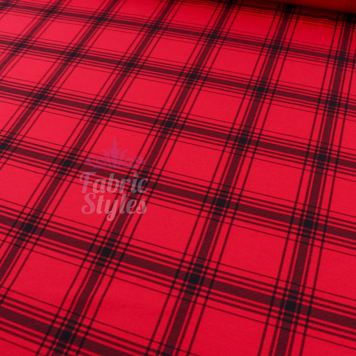 Red & Black Tartan Check Polyester Elastane 2 Way Stretch Fabric 240gsm