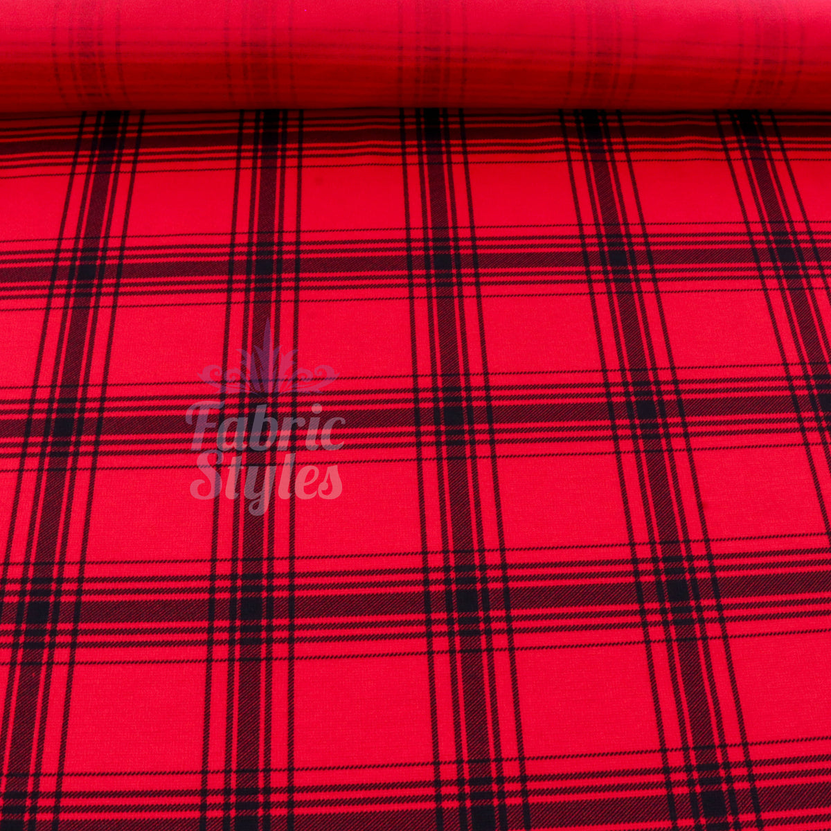 Red & Black Tartan Check Polyester Elastane 2 Way Stretch Fabric 240gsm