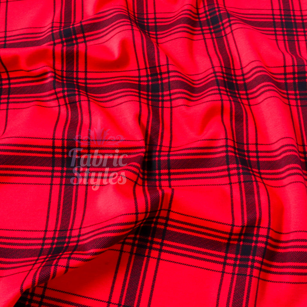 Red & Black Tartan Check Polyester Elastane 2 Way Stretch Fabric 240gsm