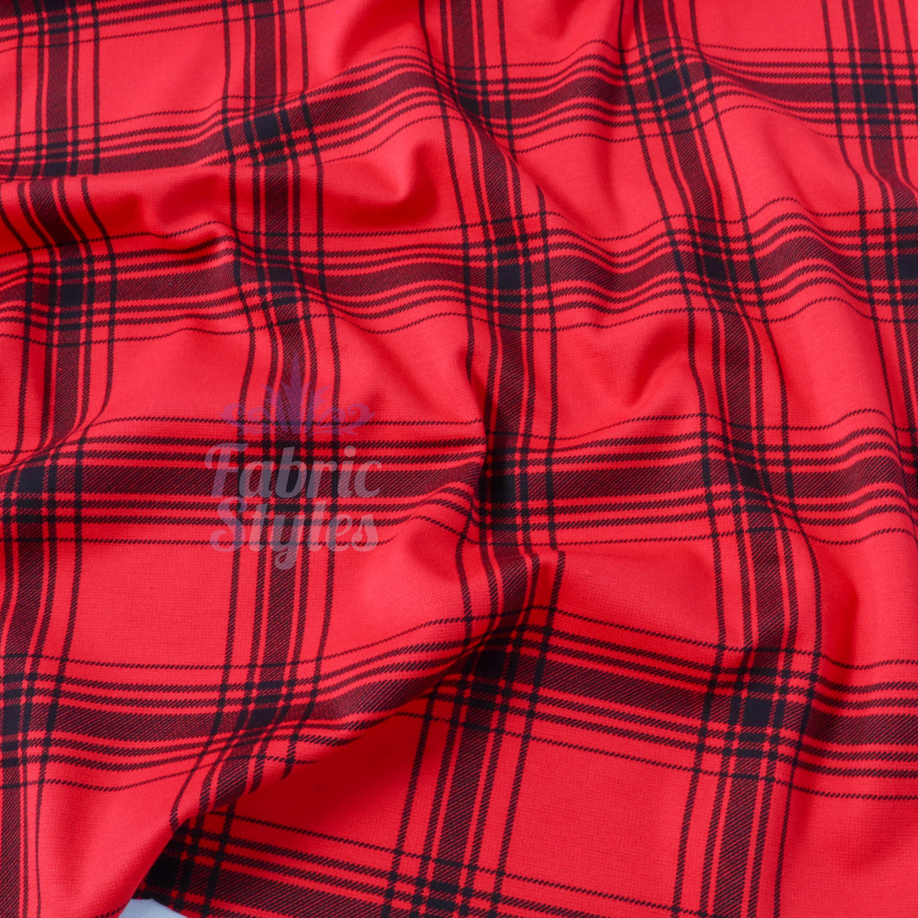 Red & Black Tartan Check Polyester Elastane 2 Way Stretch Fabric 240gsm