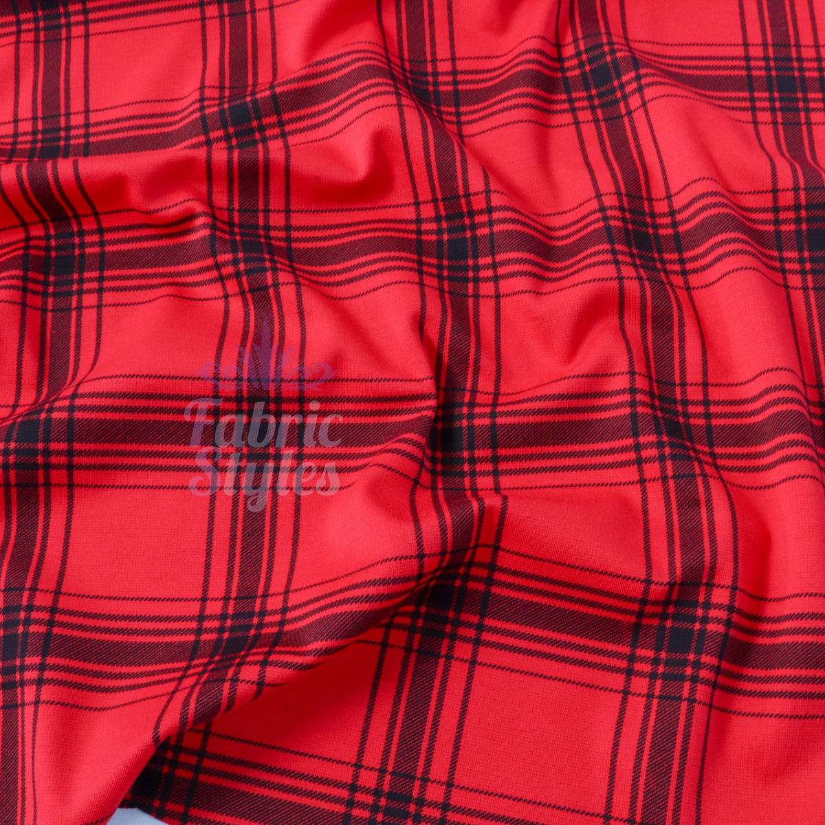 Red & Black Tartan Check Polyester Elastane 2 Way Stretch Fabric 240gsm