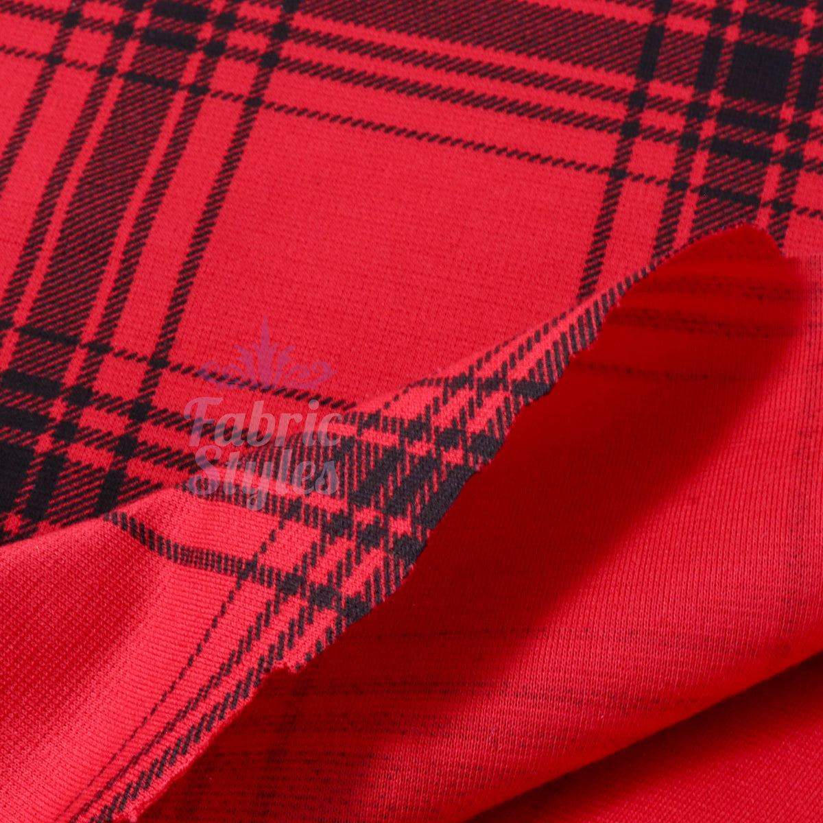 Red & Black Tartan Check Polyester Elastane 2 Way Stretch Fabric 240gsm