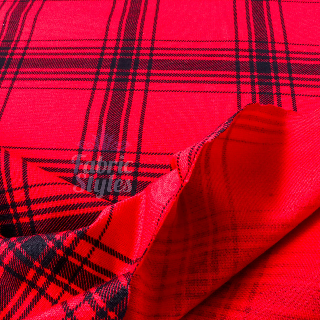 Red & Black Tartan Check Polyester Elastane 2 Way Stretch Fabric 240gsm