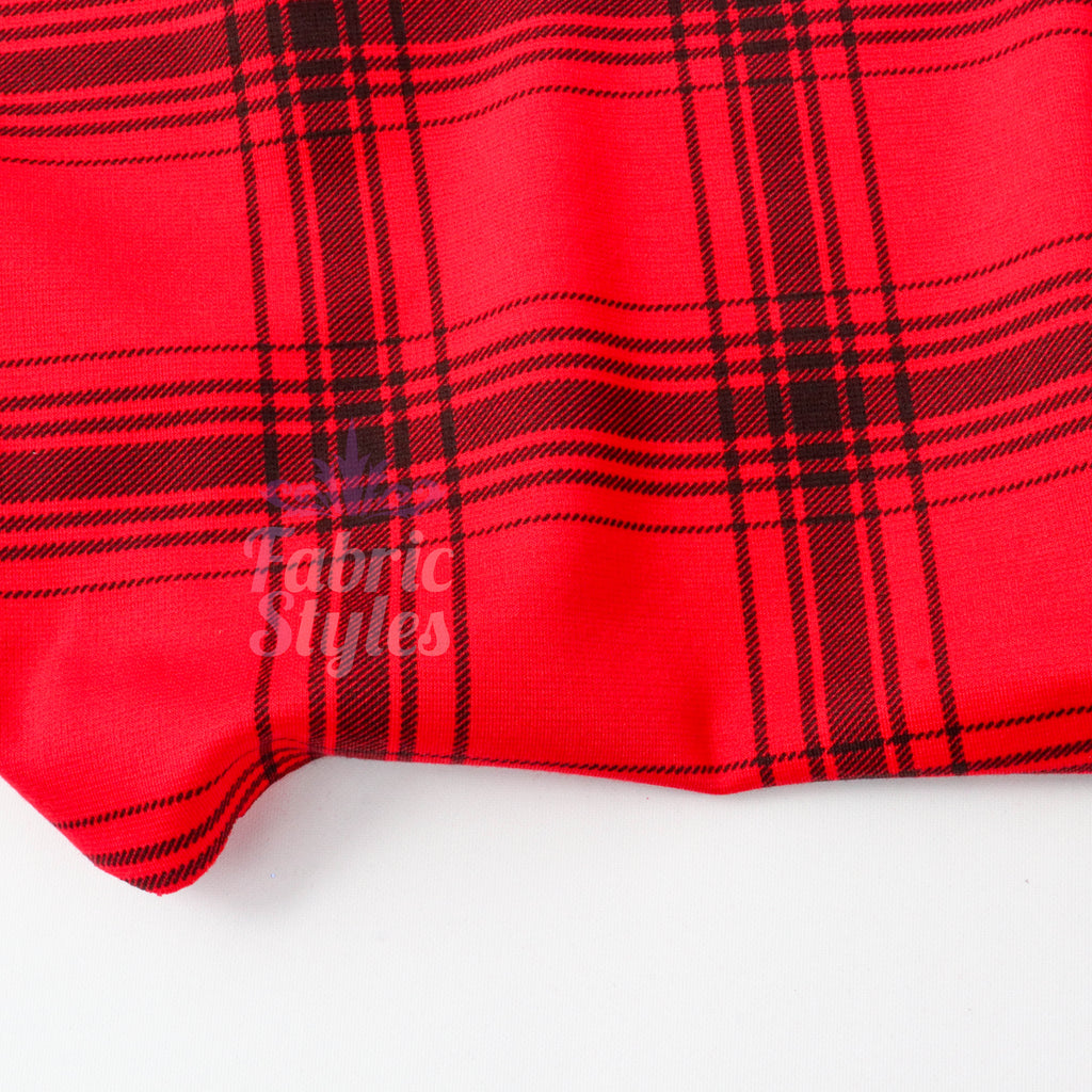 Red & Black Tartan Check Polyester Elastane 2 Way Stretch Fabric 240gsm