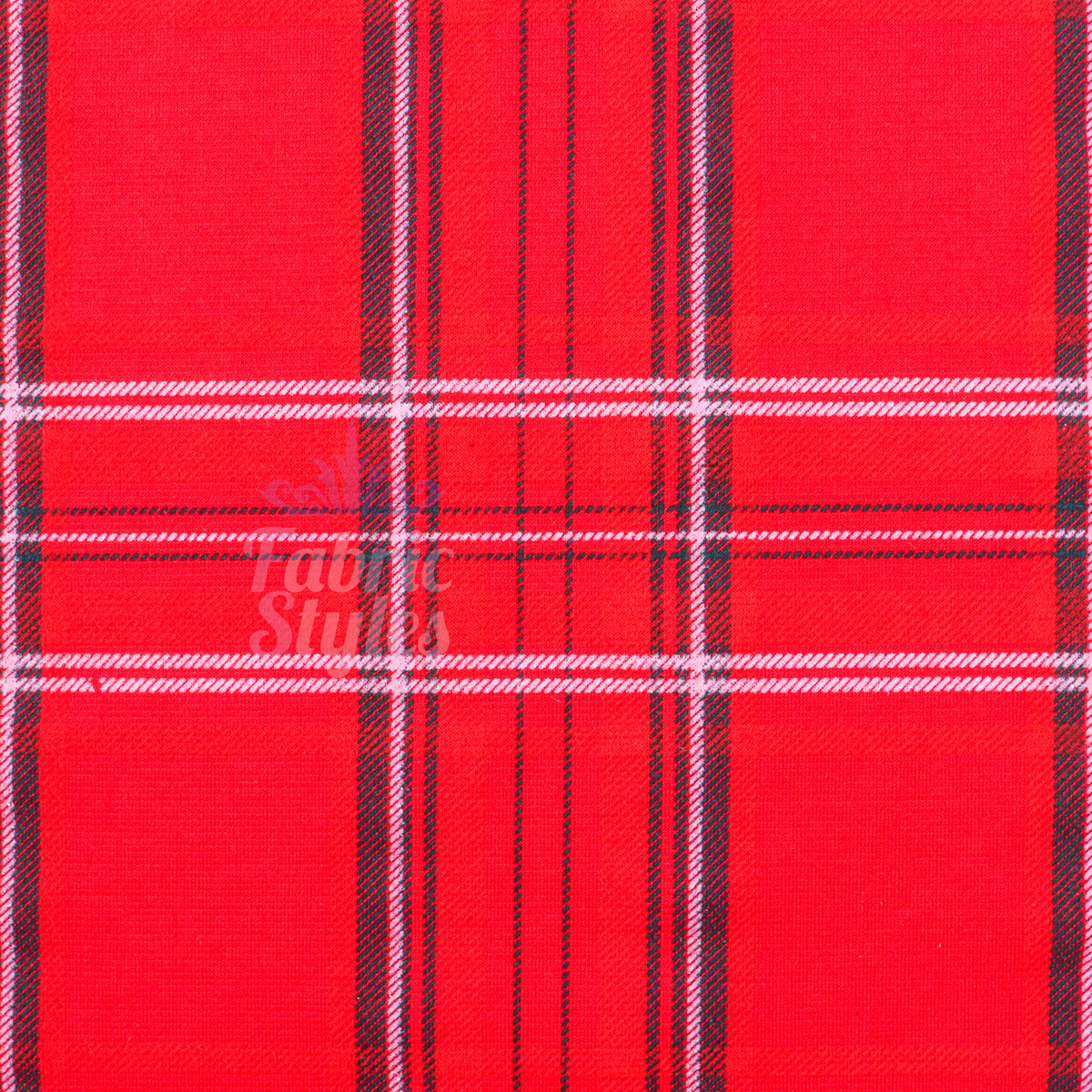 Red Tartan Check Polyester Elastane 2 Way Stretch Fabric 240gsm