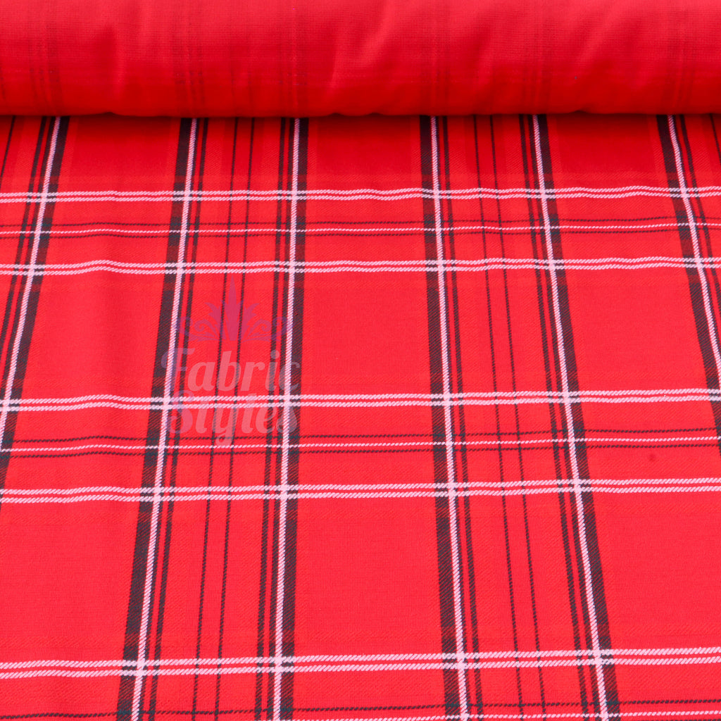 Red Tartan Check Polyester Elastane 2 Way Stretch Fabric 240gsm