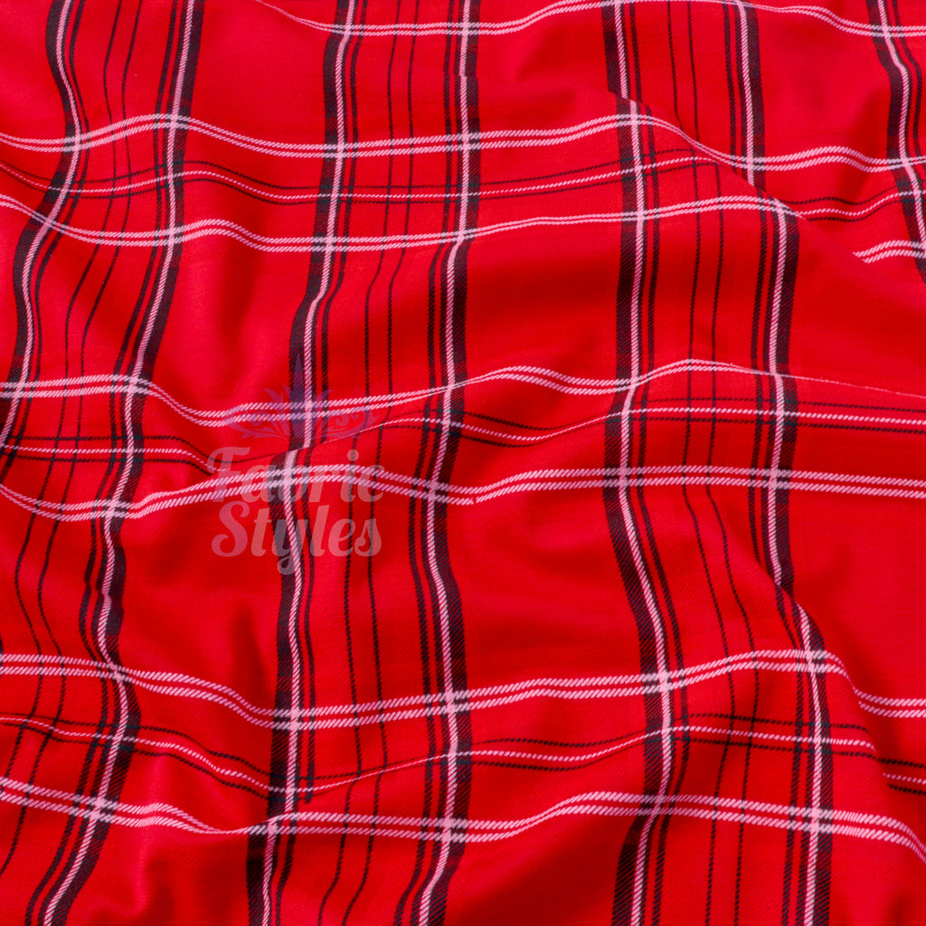 Red Tartan Check Polyester Elastane 2 Way Stretch Fabric 240gsm