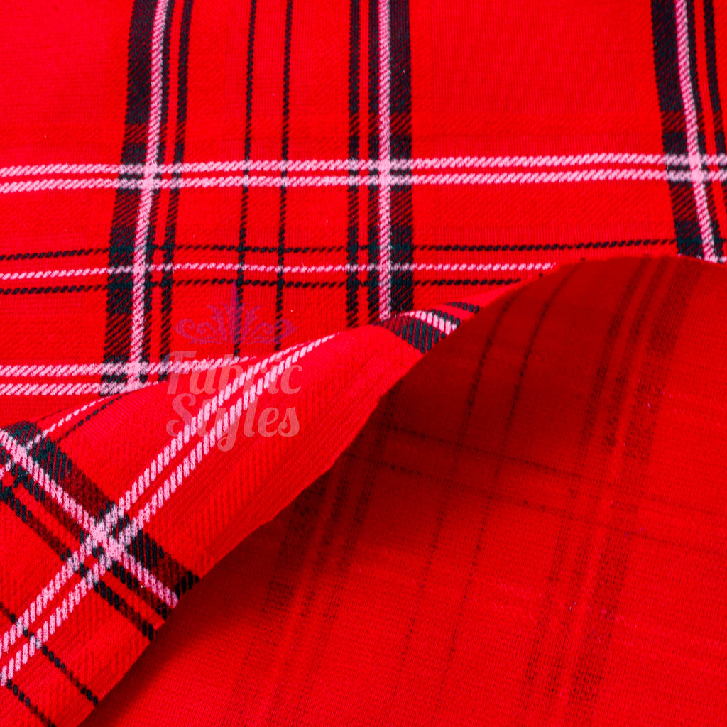 Red Tartan Check Polyester Elastane 2 Way Stretch Fabric 240gsm