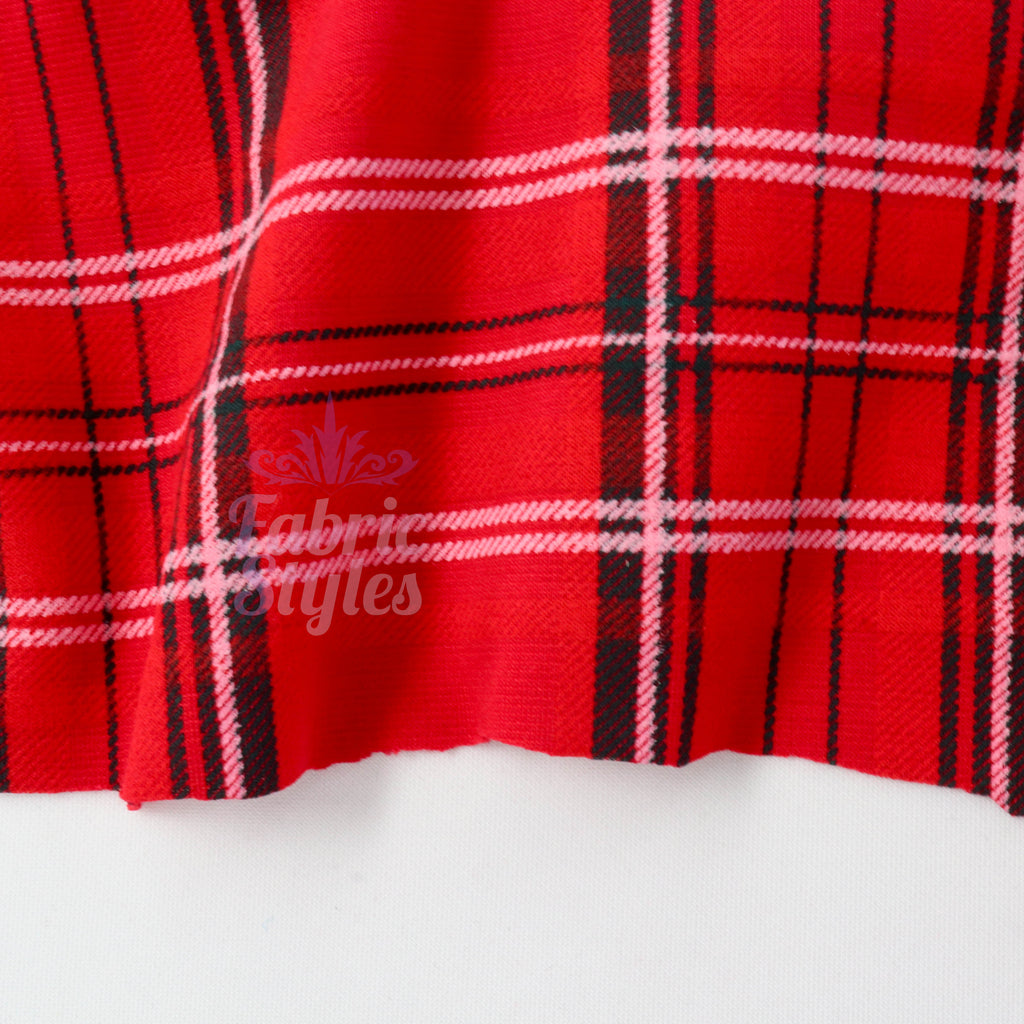 Red Tartan Check Polyester Elastane 2 Way Stretch Fabric 240gsm