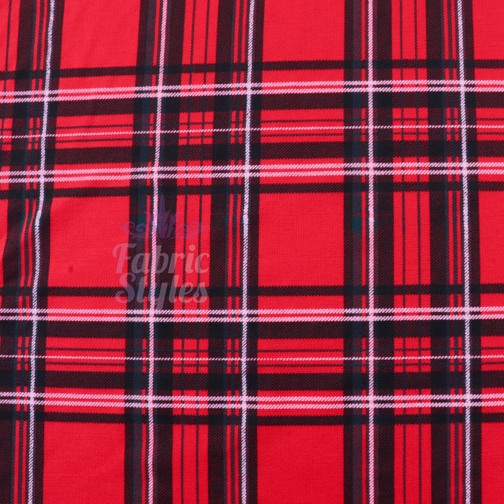 Red Tartan Check Polyester Elastane 2 Way Stretch Fabric 240gsm