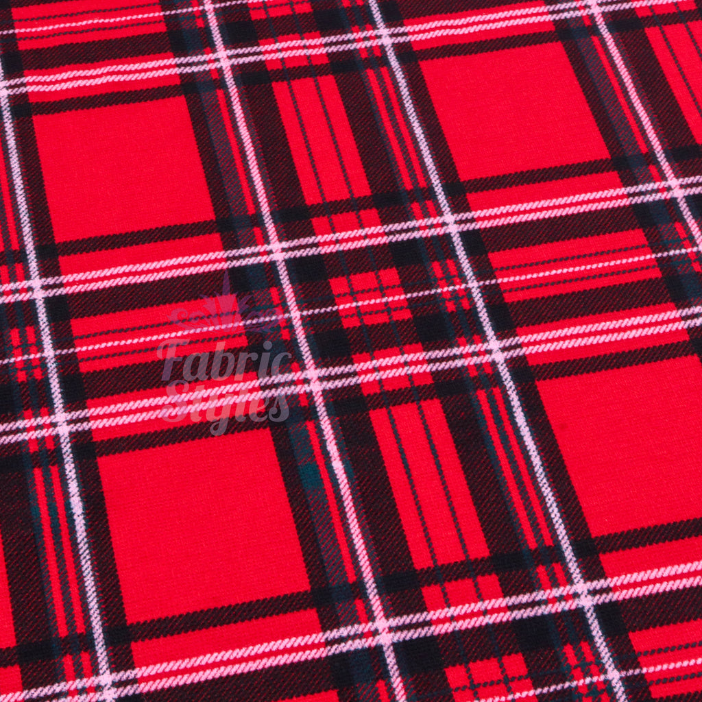 Red Tartan Check Polyester Elastane 2 Way Stretch Fabric 240gsm