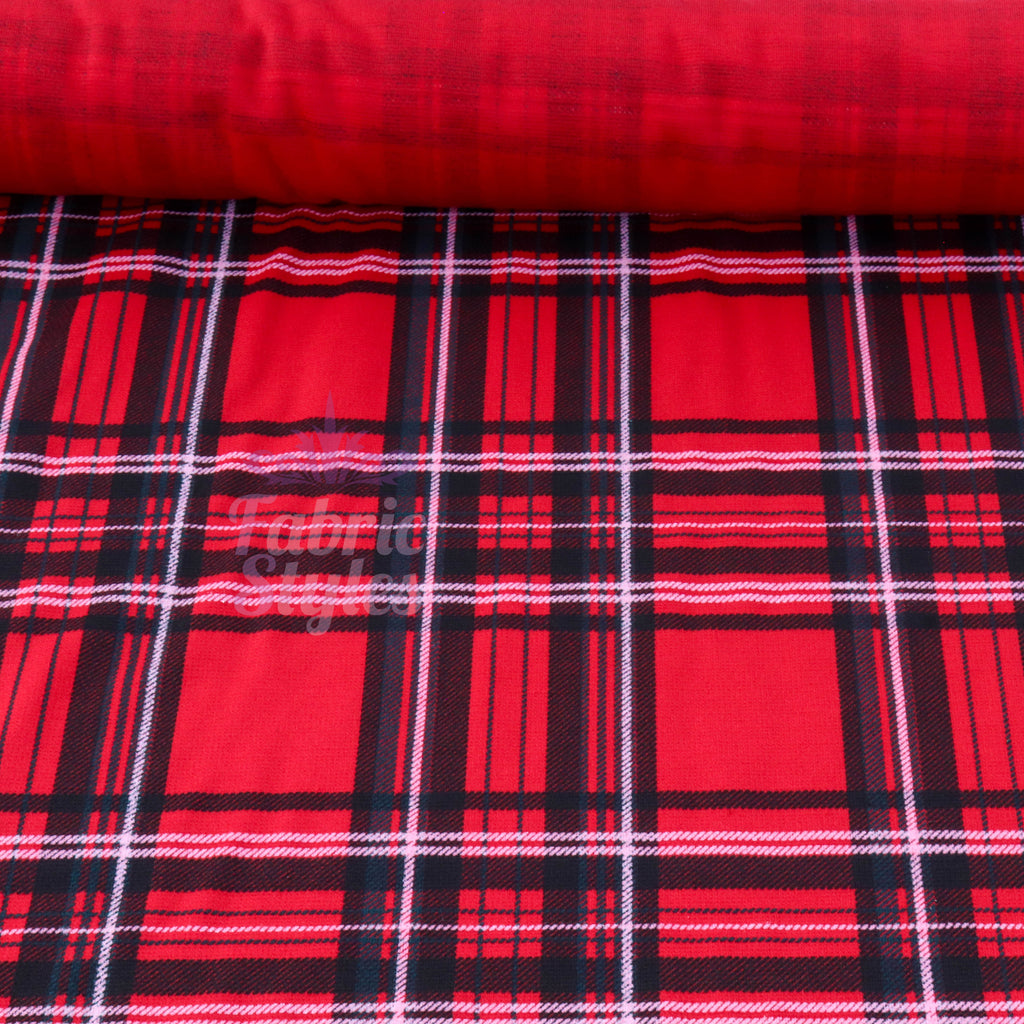 Red Tartan Check Polyester Elastane 2 Way Stretch Fabric 240gsm