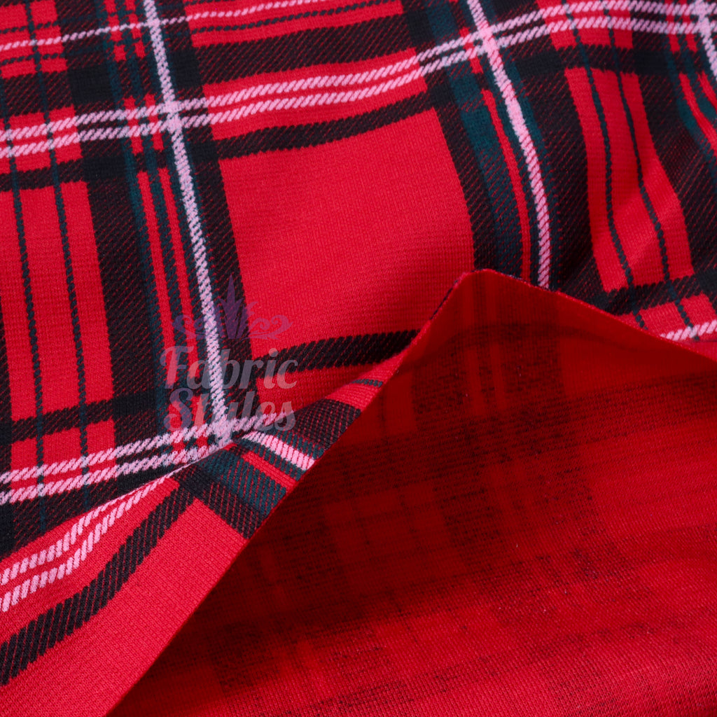 Red Tartan Check Polyester Elastane 2 Way Stretch Fabric 240gsm