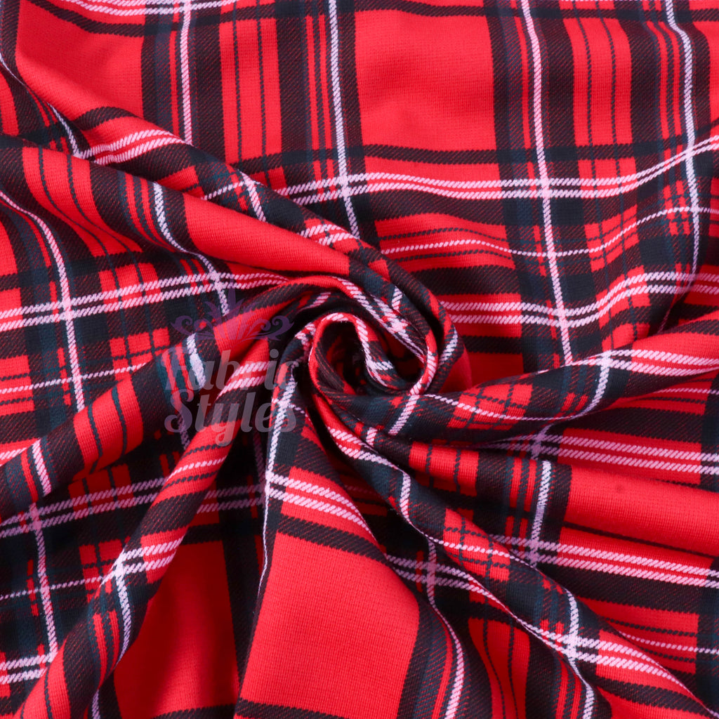 Red Tartan Check Polyester Elastane 2 Way Stretch Fabric 240gsm