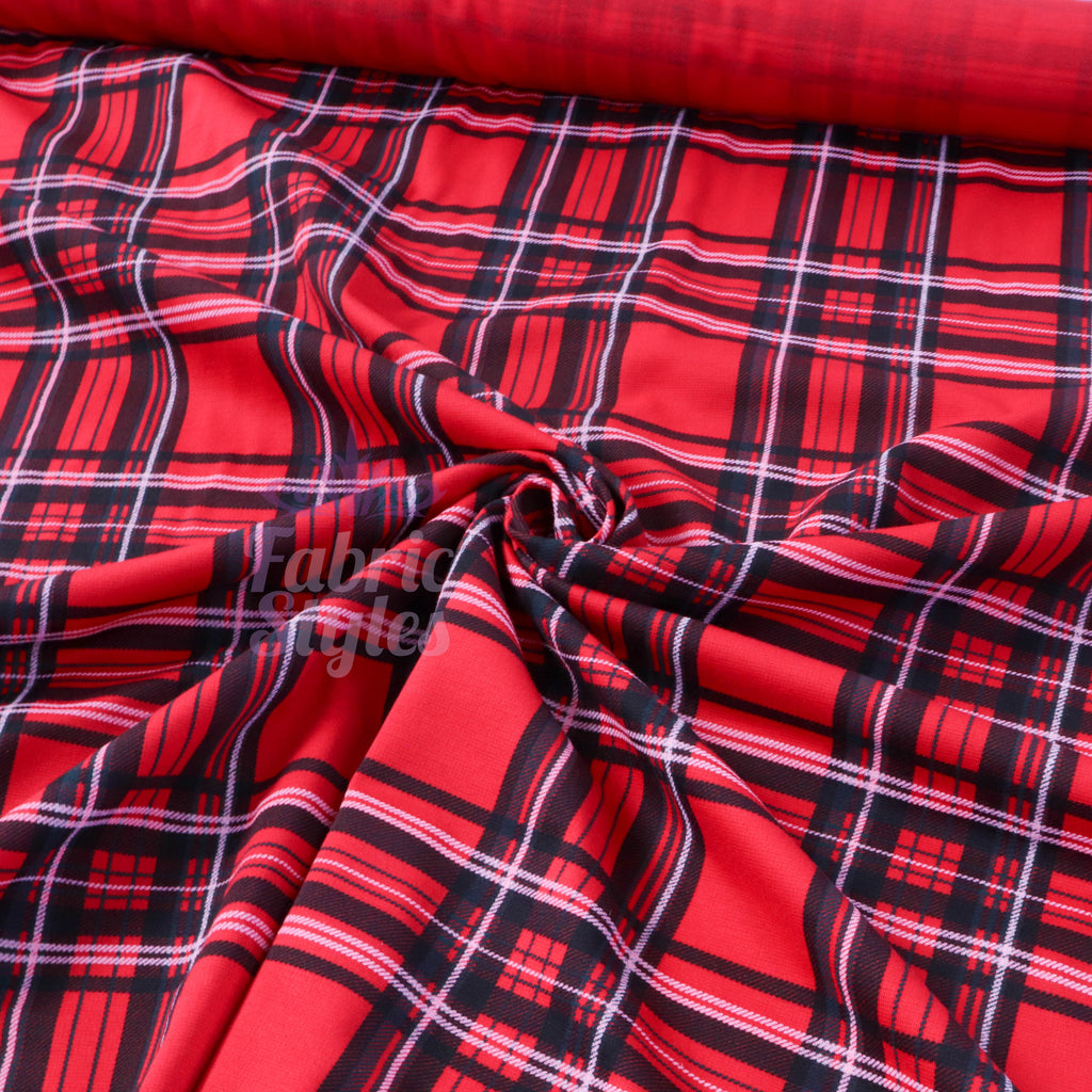 Red Tartan Check Polyester Elastane 2 Way Stretch Fabric 240gsm