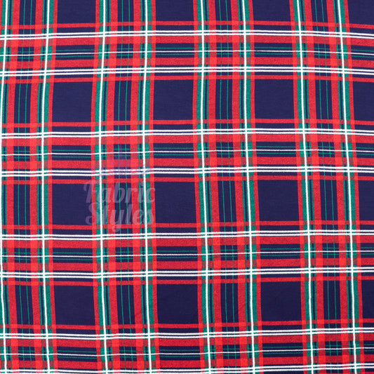 Navy Tartan Plaid with Red Green Stripes Viscose Elastane Fabric