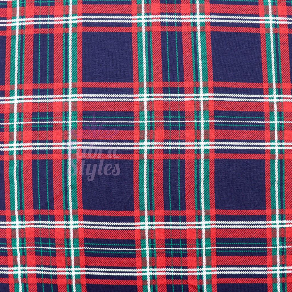 Navy Tartan Plaid with Red Green Stripes Viscose Elastane Fabric