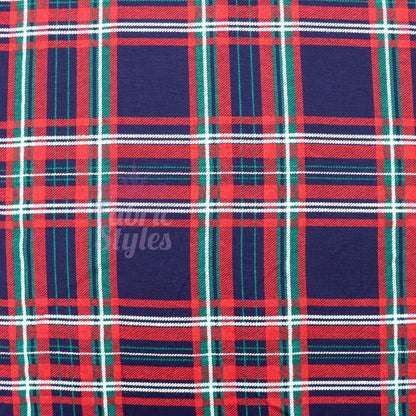Navy Tartan Plaid with Red Green Stripes Viscose Elastane Fabric