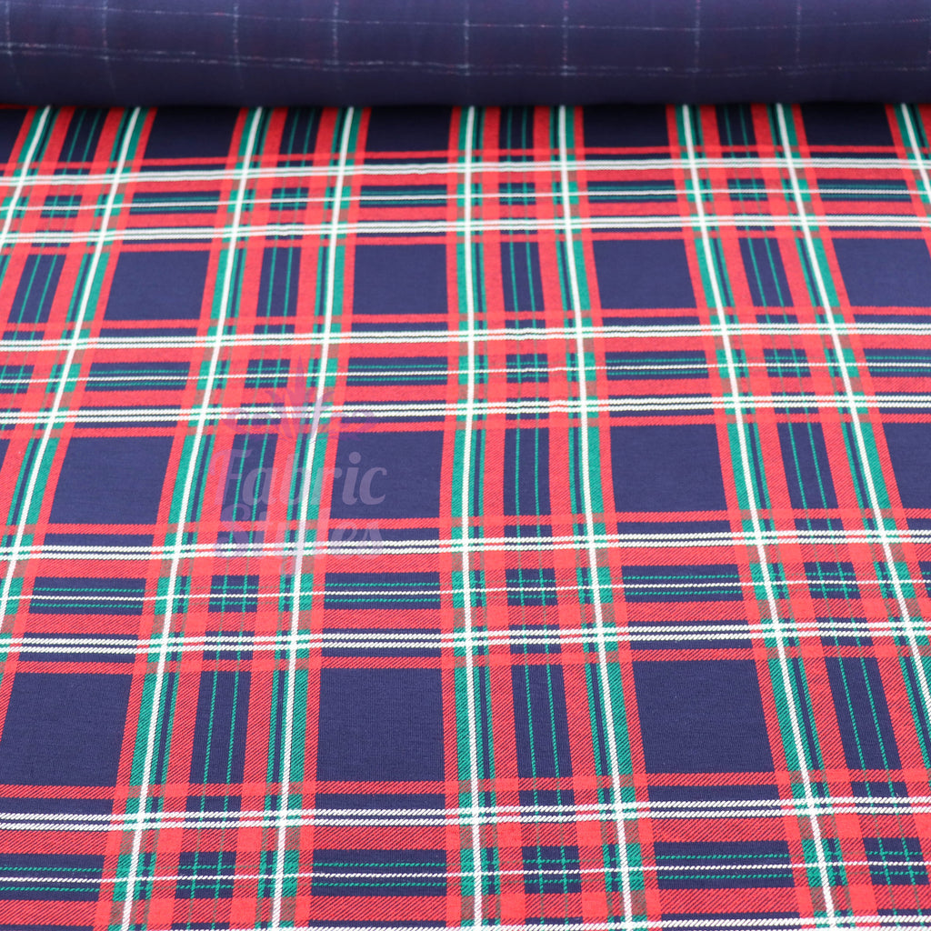 Navy Tartan Plaid with Red Green Stripes Viscose Elastane Fabric