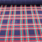 Navy Tartan Plaid with Red Green Stripes Viscose Elastane Fabric