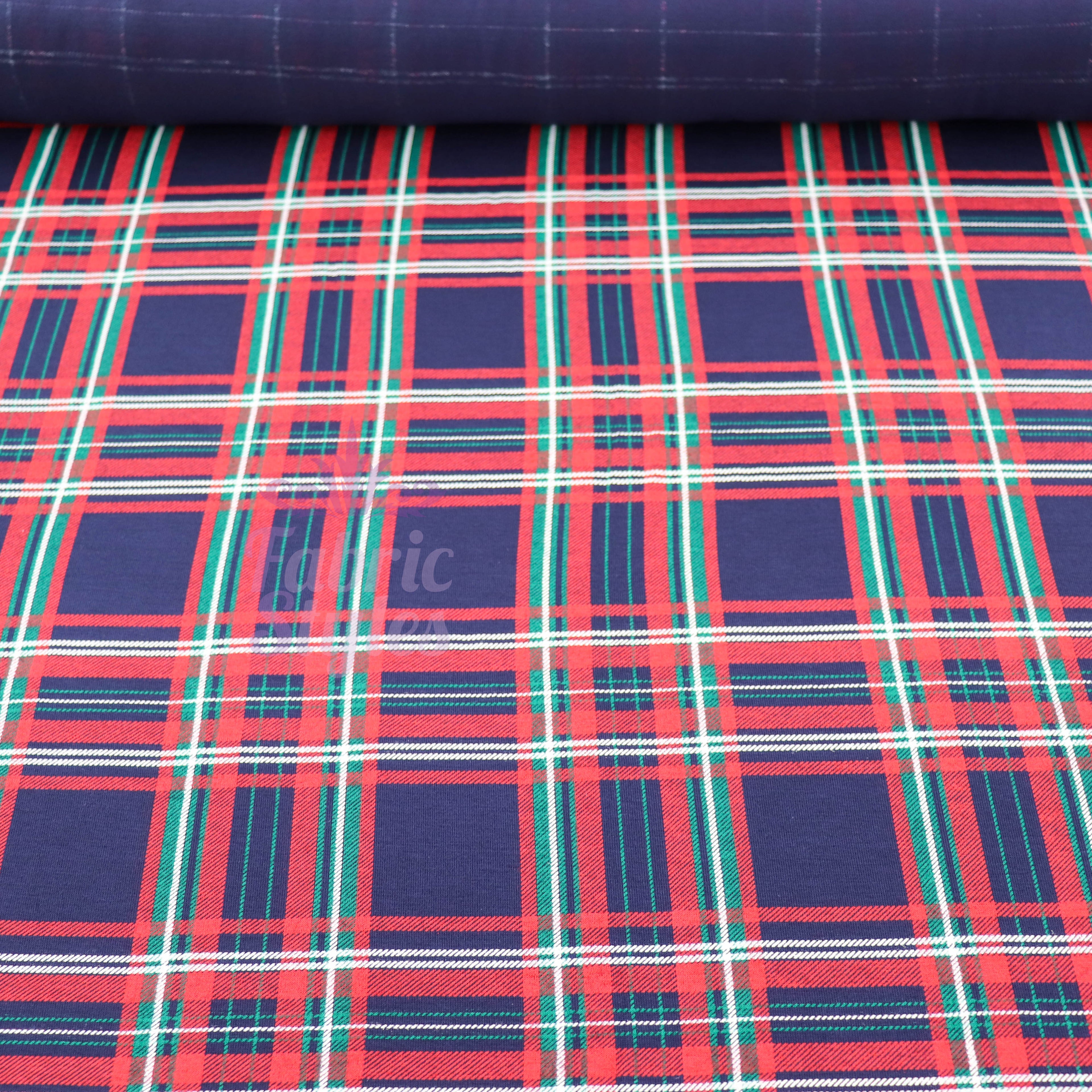 Navy Tartan Plaid with Red Green Stripes Viscose Elastane Fabric