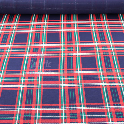 Navy Tartan Plaid with Red Green Stripes Viscose Elastane Fabric