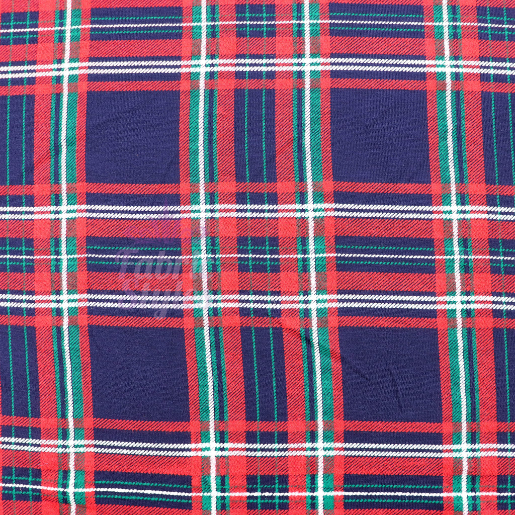 Navy Tartan Plaid with Red Green Stripes Viscose Elastane Fabric