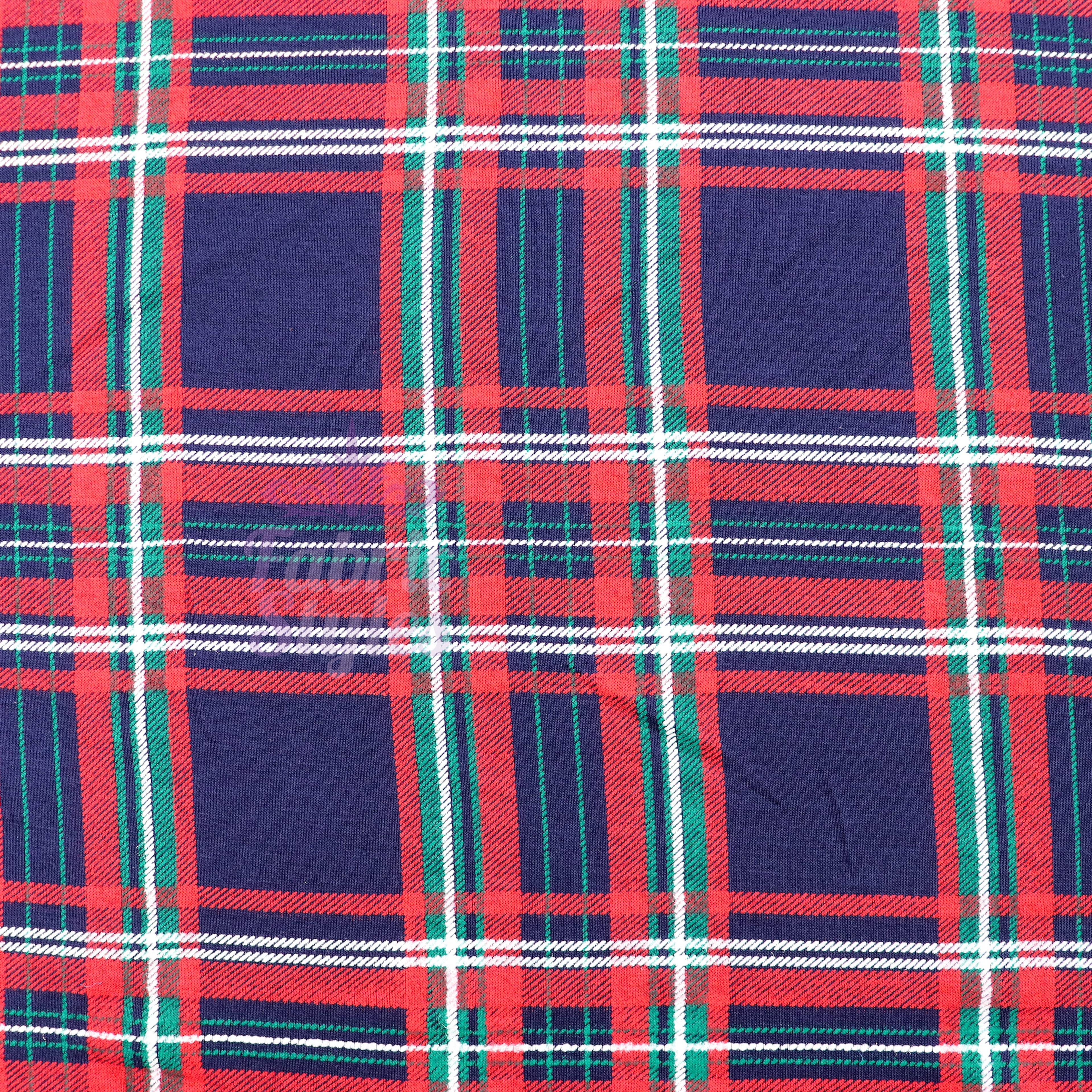 Navy Tartan Plaid with Red Green Stripes Viscose Elastane Fabric