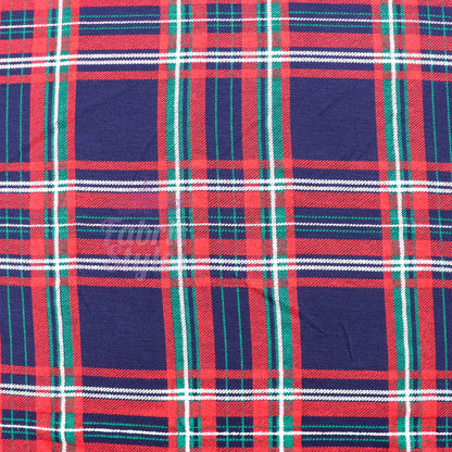 Navy Tartan Plaid with Red Green Stripes Viscose Elastane Fabric