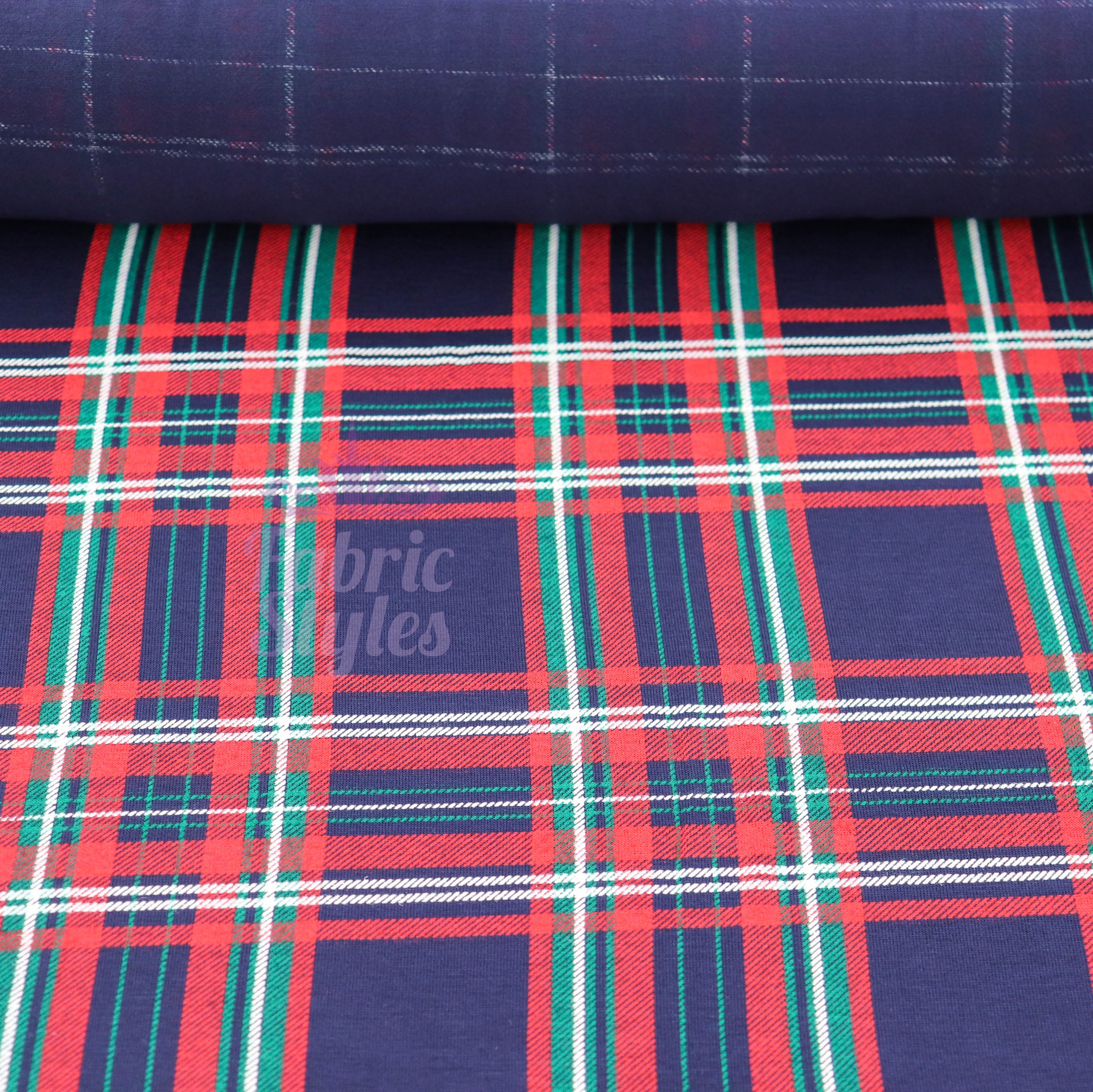 Navy Tartan Plaid with Red Green Stripes Viscose Elastane Fabric