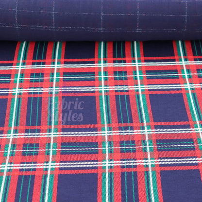 Navy Tartan Plaid with Red Green Stripes Viscose Elastane Fabric