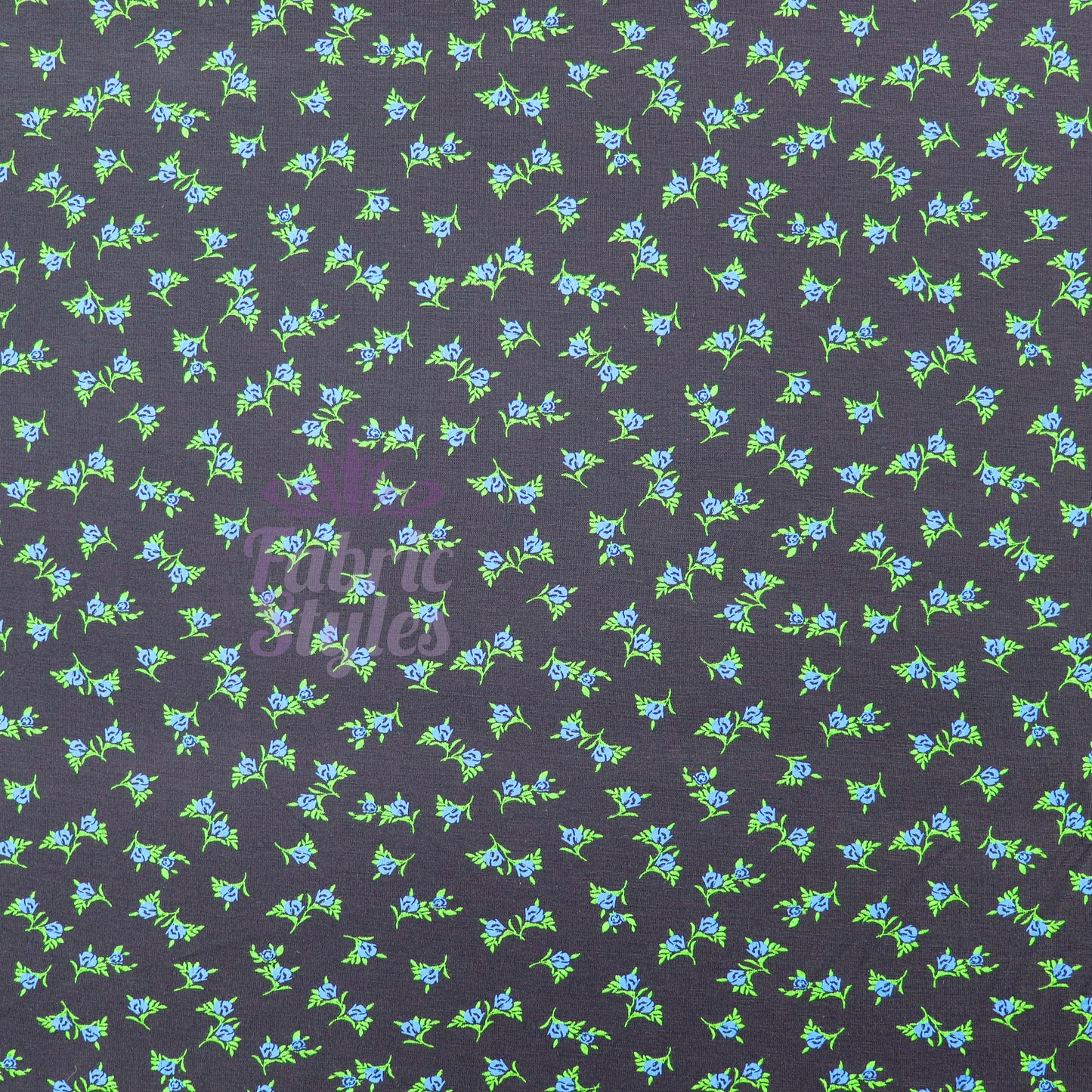Navy Ditsy Small Floral Blue Roses Green Leaves Viscose Elastane Fabric