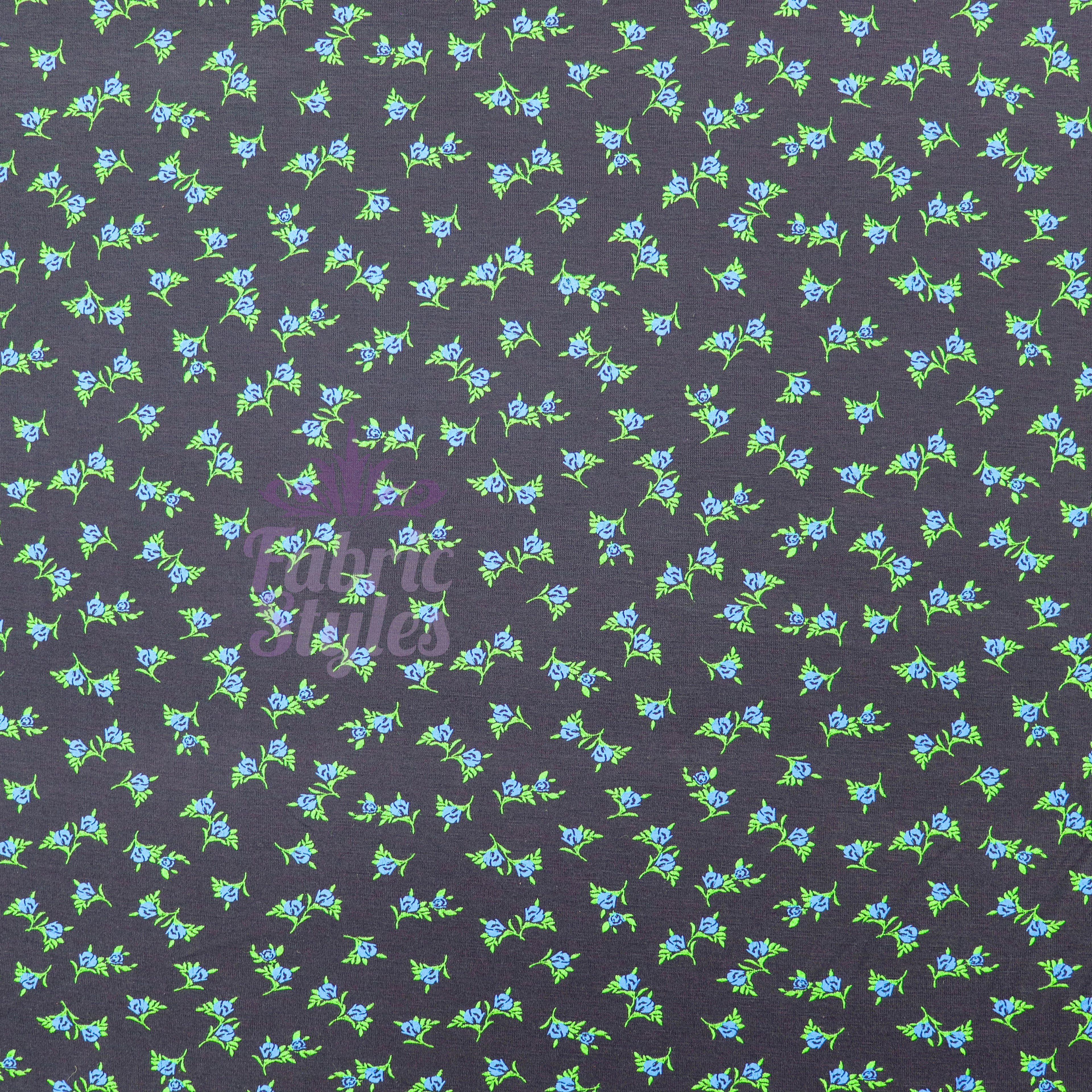 Navy Ditsy Small Floral Blue Roses Green Leaves Viscose Elastane Fabric