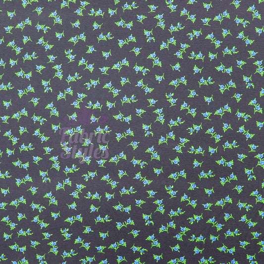 Navy Ditsy Small Floral Blue Roses Green Leaves Viscose Elastane Fabric