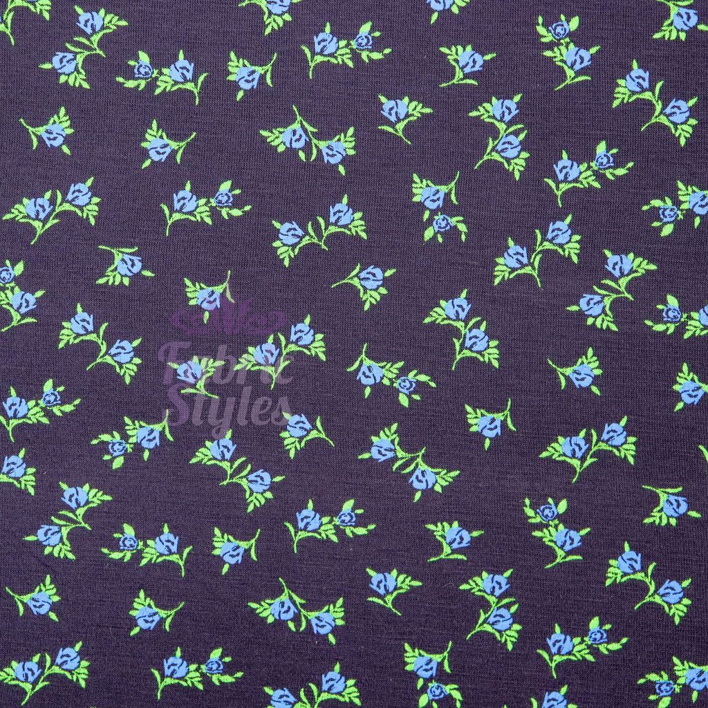 Navy Ditsy Small Floral Blue Roses Green Leaves Viscose Elastane Fabric