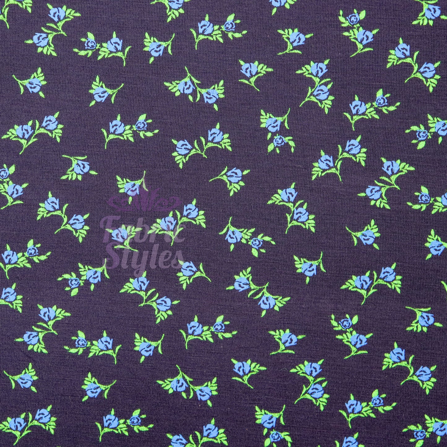 Navy Ditsy Small Floral Blue Roses Green Leaves Viscose Elastane Fabric