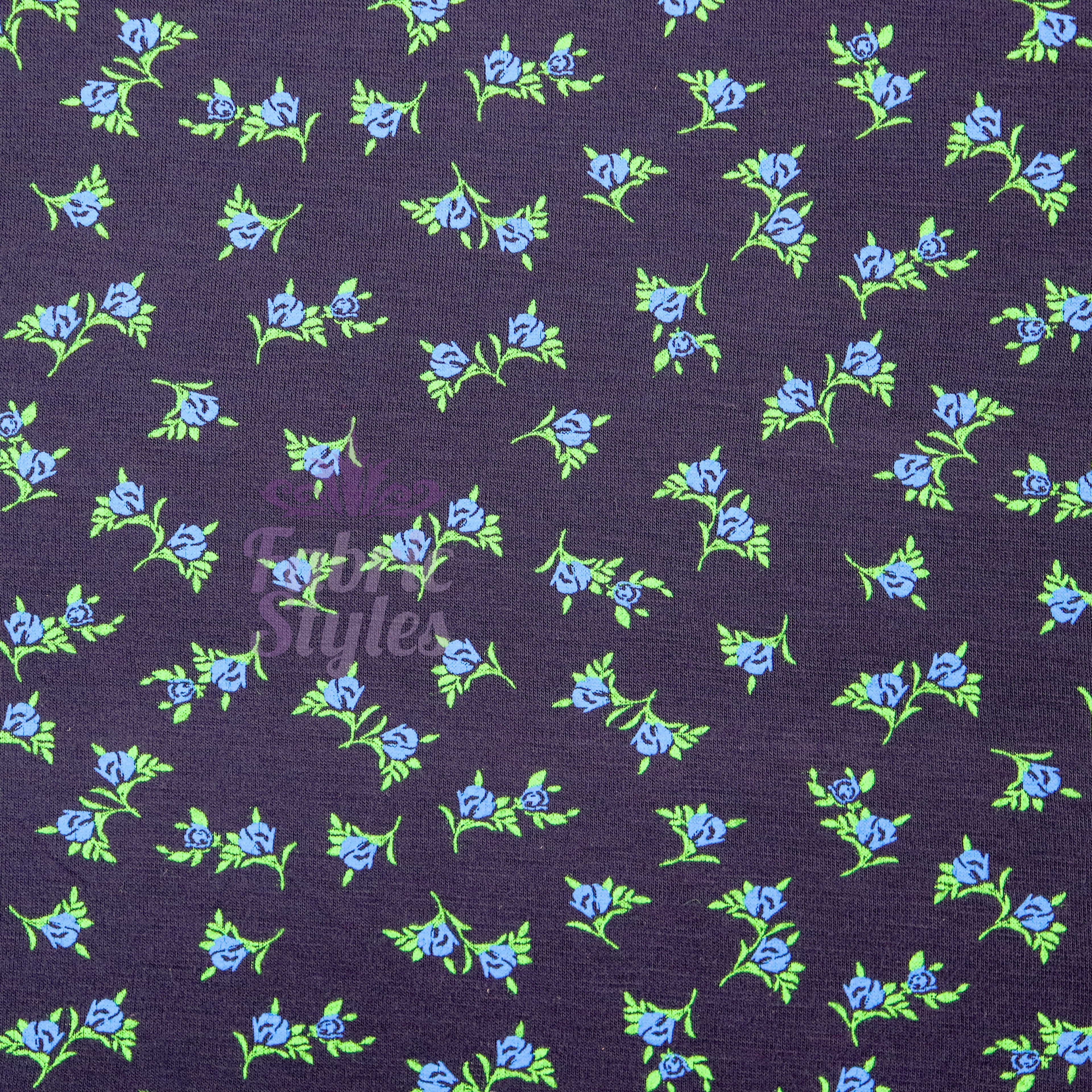 Navy Ditsy Small Floral Blue Roses Green Leaves Viscose Elastane Fabric
