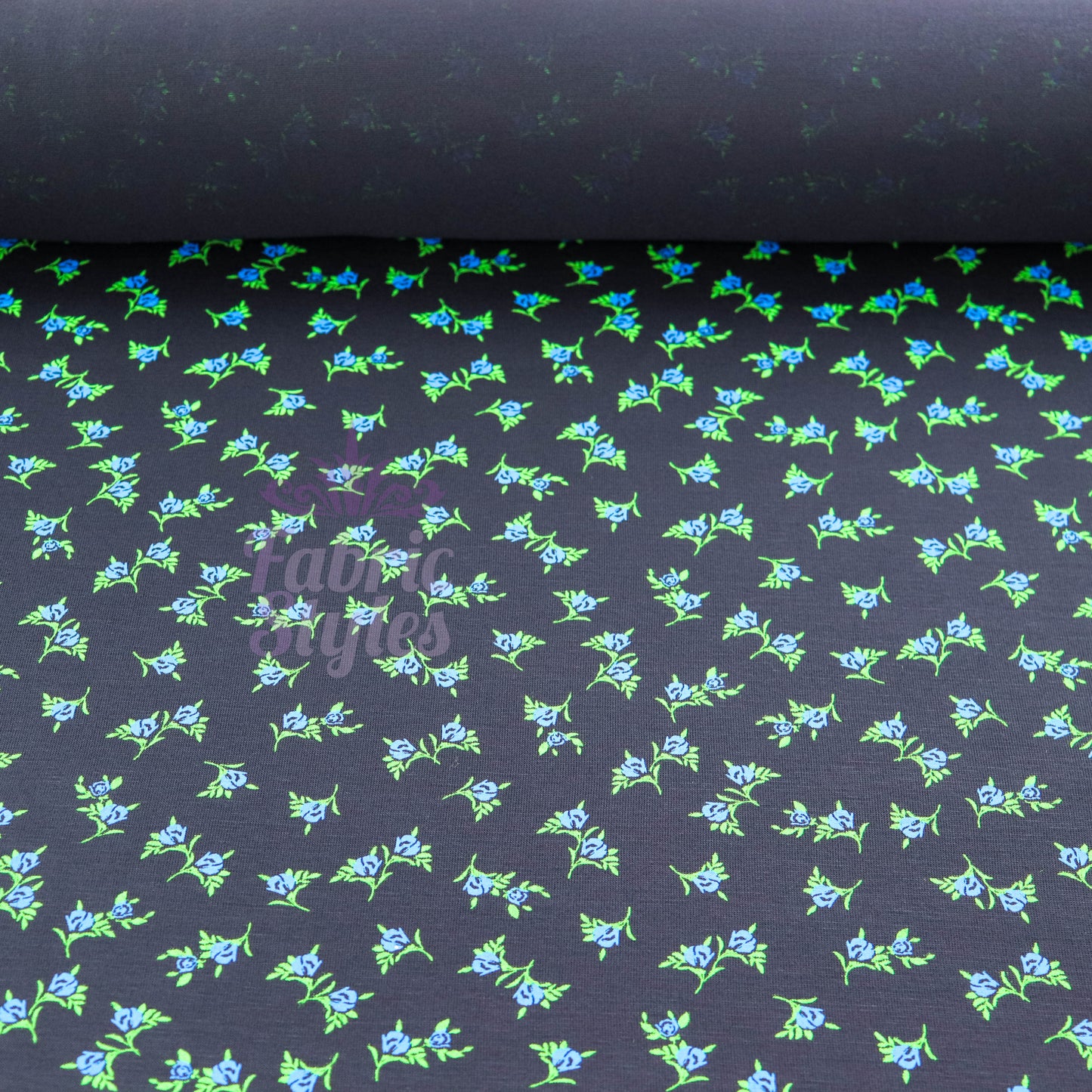 Navy Ditsy Small Floral Blue Roses Green Leaves Viscose Elastane Fabric