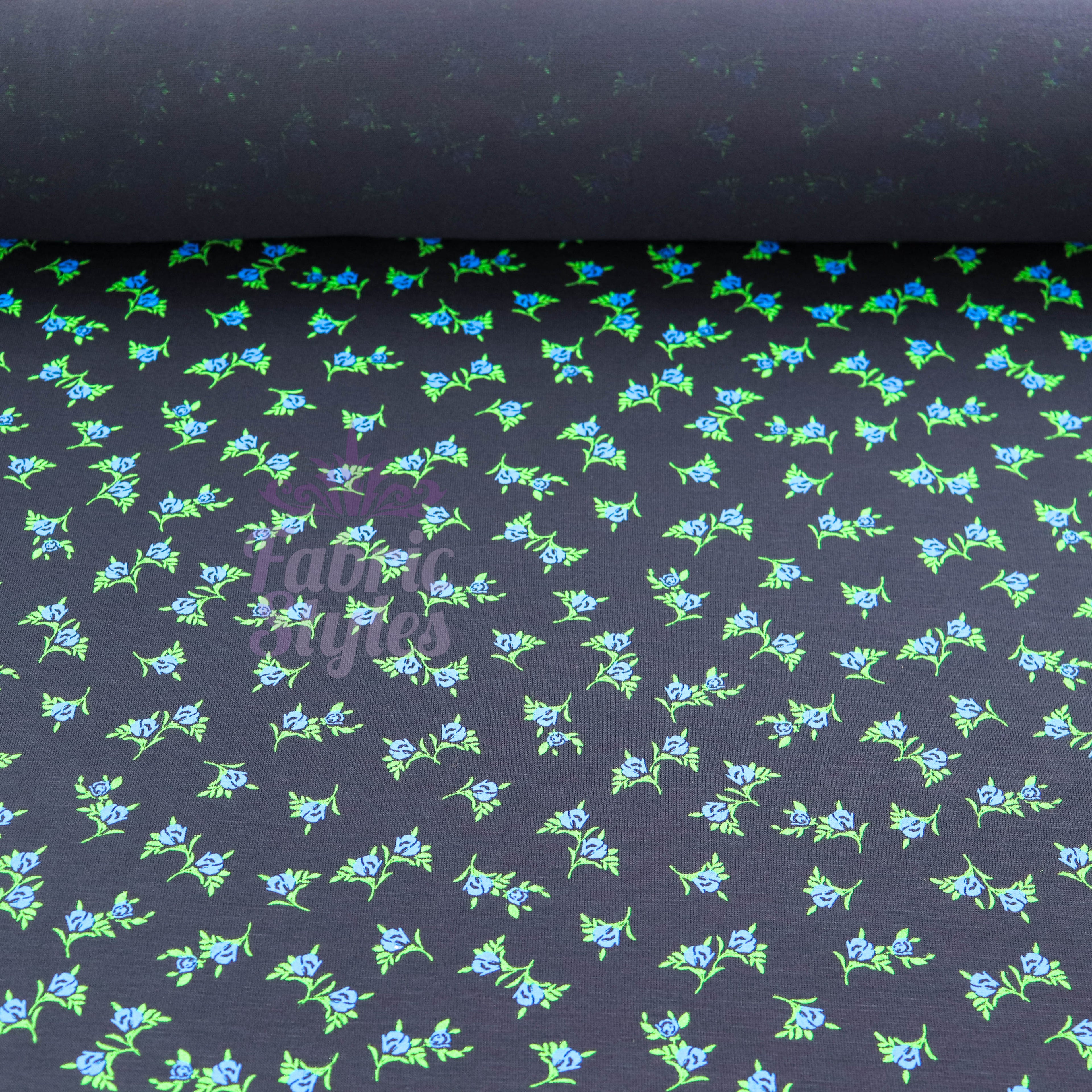 Navy Ditsy Small Floral Blue Roses Green Leaves Viscose Elastane Fabric