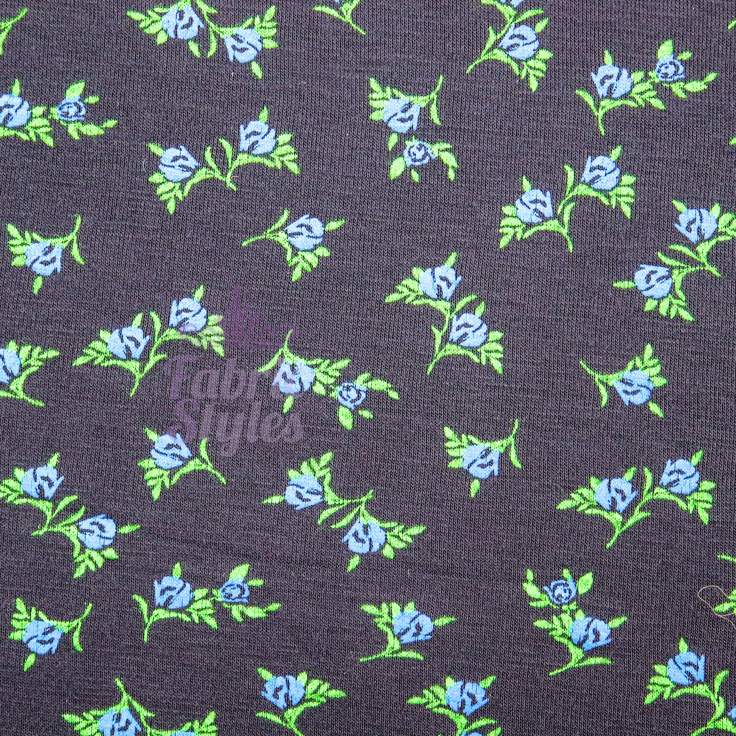 Navy Ditsy Small Floral Blue Roses Green Leaves Viscose Elastane Fabric