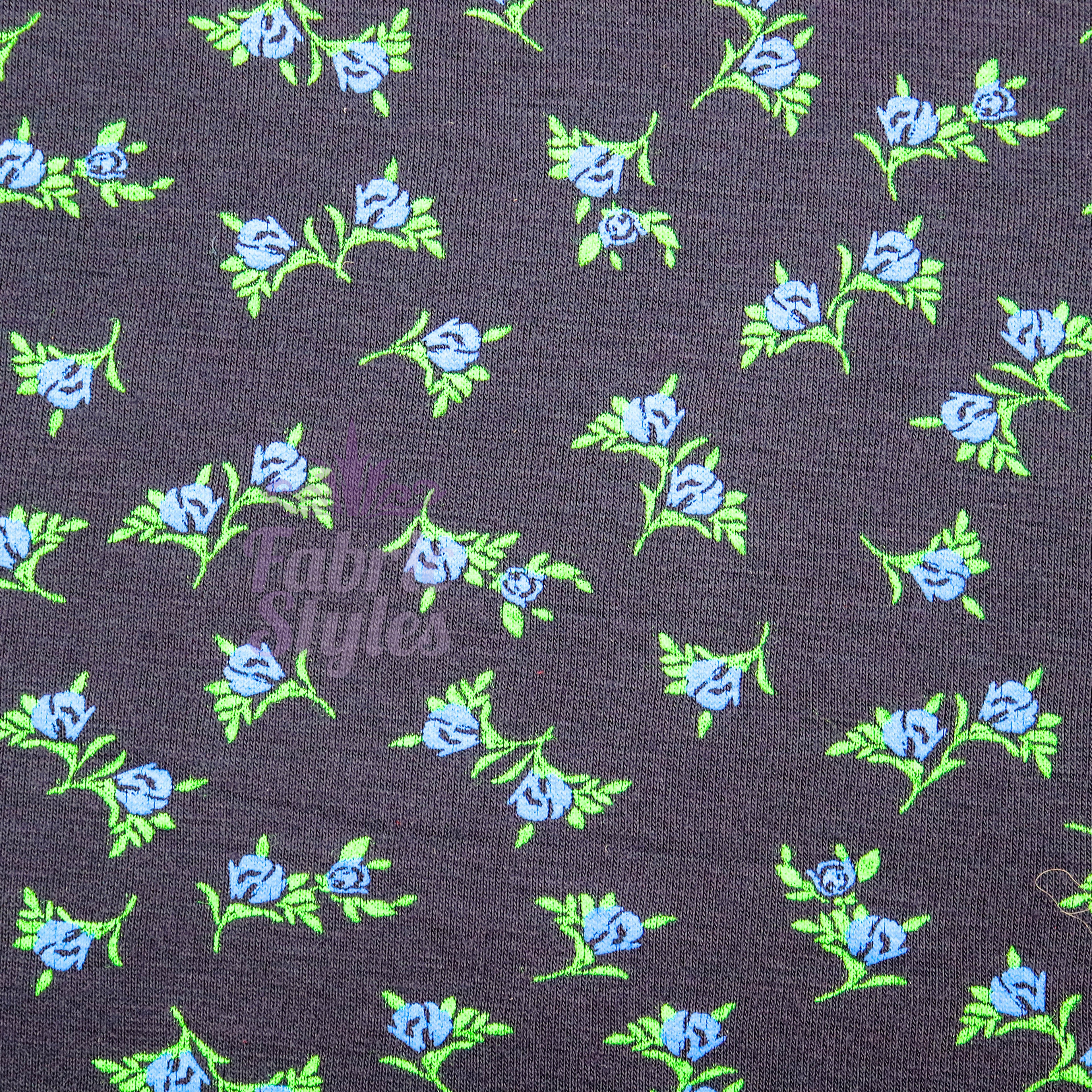 Navy Ditsy Small Floral Blue Roses Green Leaves Viscose Elastane Fabric