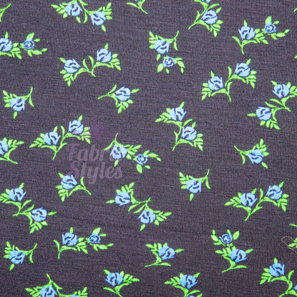 Navy Ditsy Small Floral Blue Roses Green Leaves Viscose Elastane Fabric