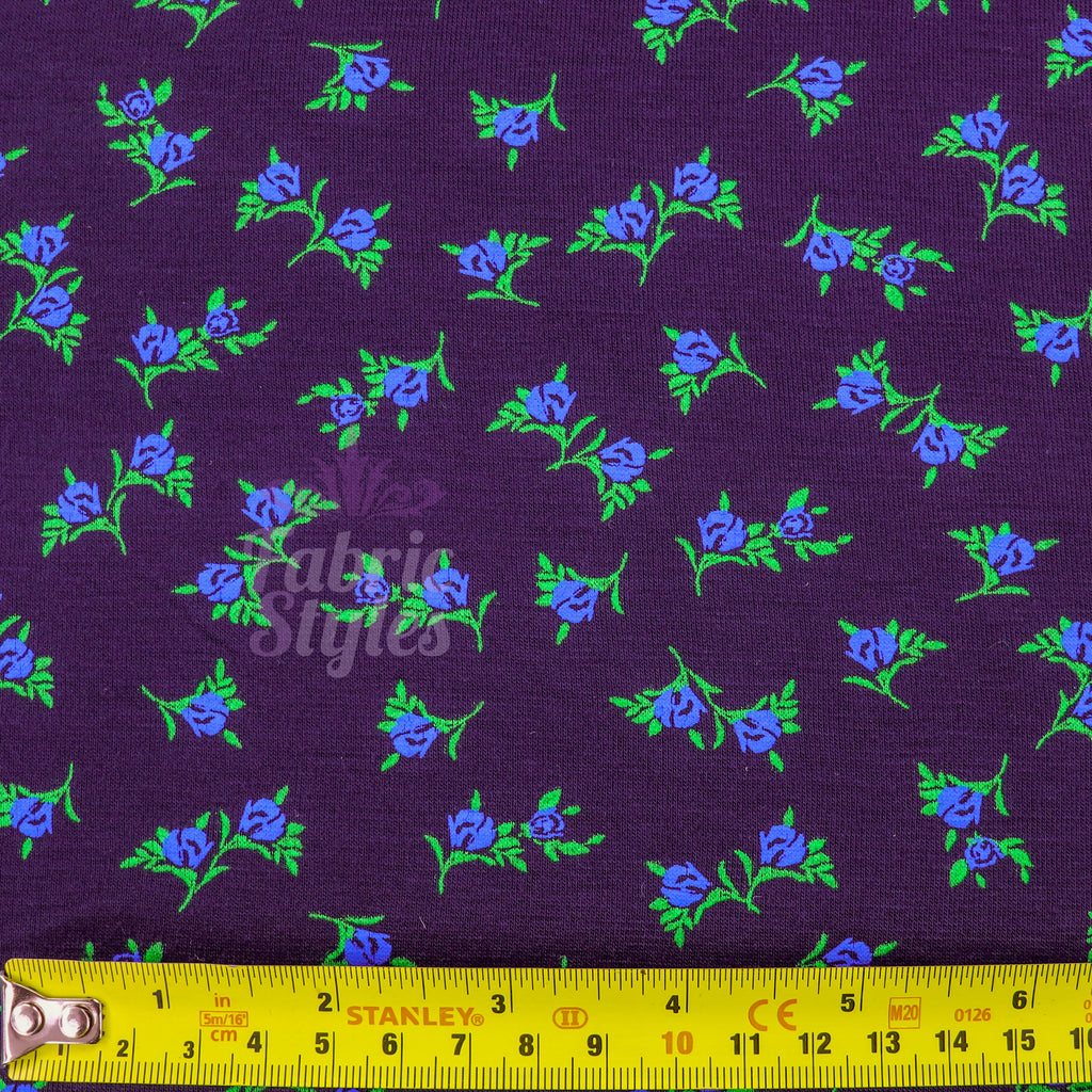 Navy Ditsy Small Floral Blue Roses Green Leaves Viscose Elastane Fabric