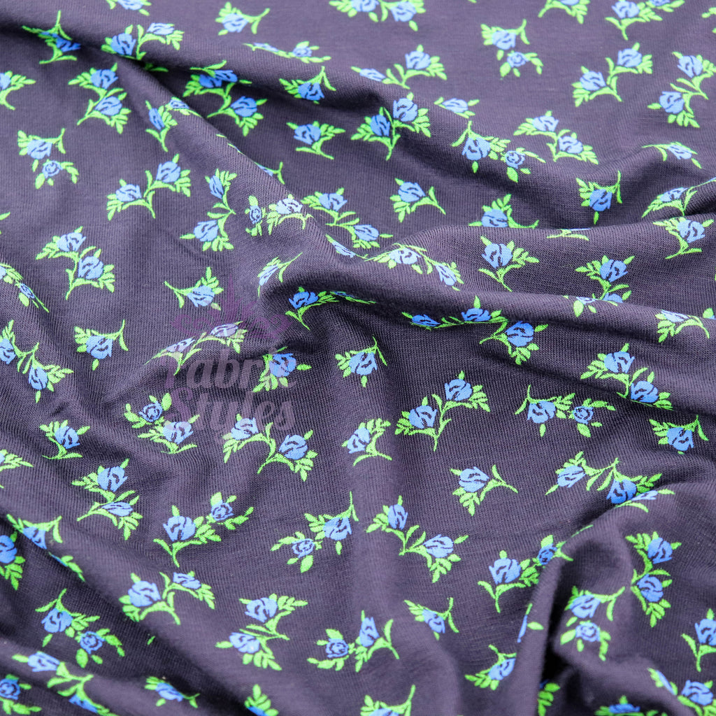 Navy Ditsy Small Floral Blue Roses Green Leaves Viscose Elastane Fabric
