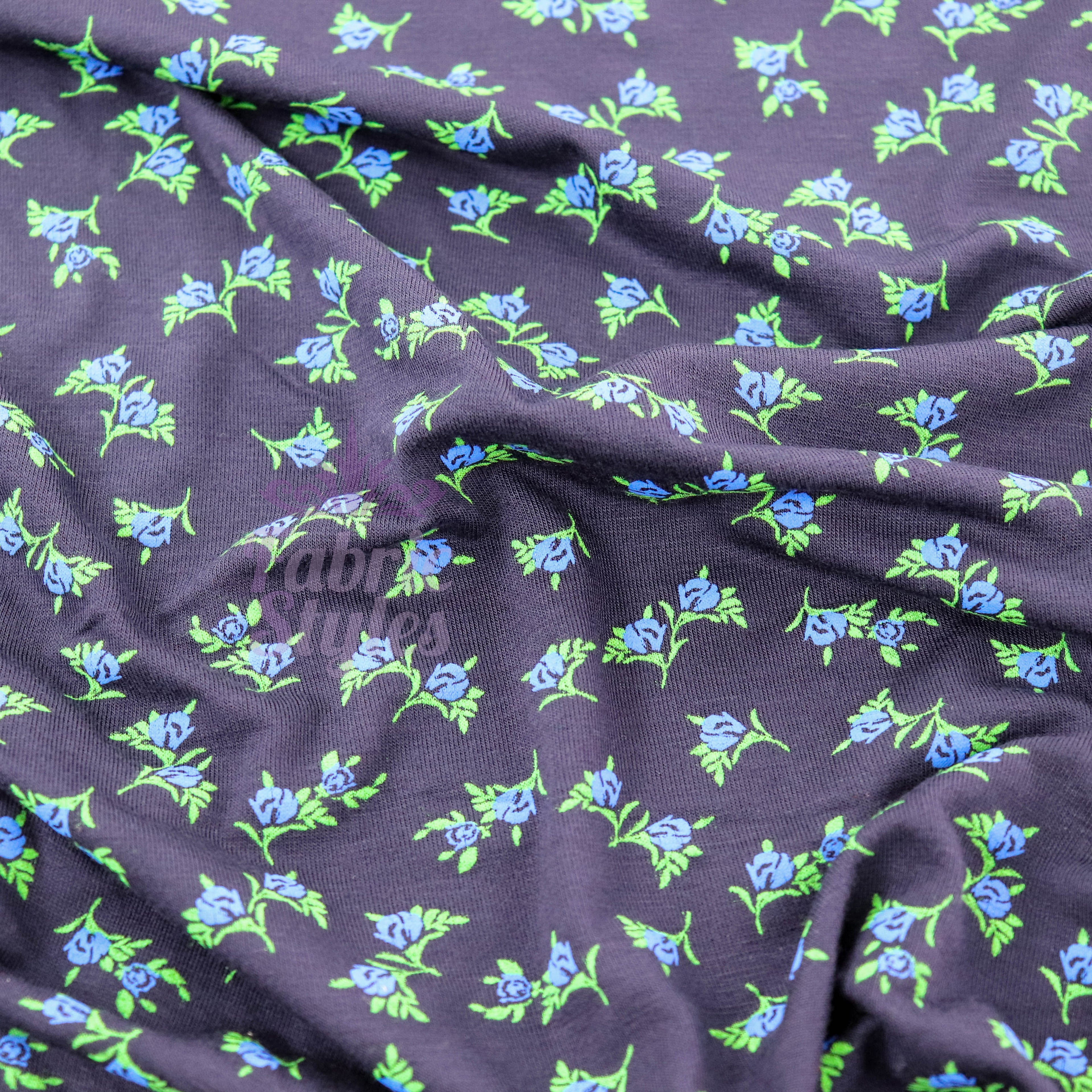 Navy Ditsy Small Floral Blue Roses Green Leaves Viscose Elastane Fabric