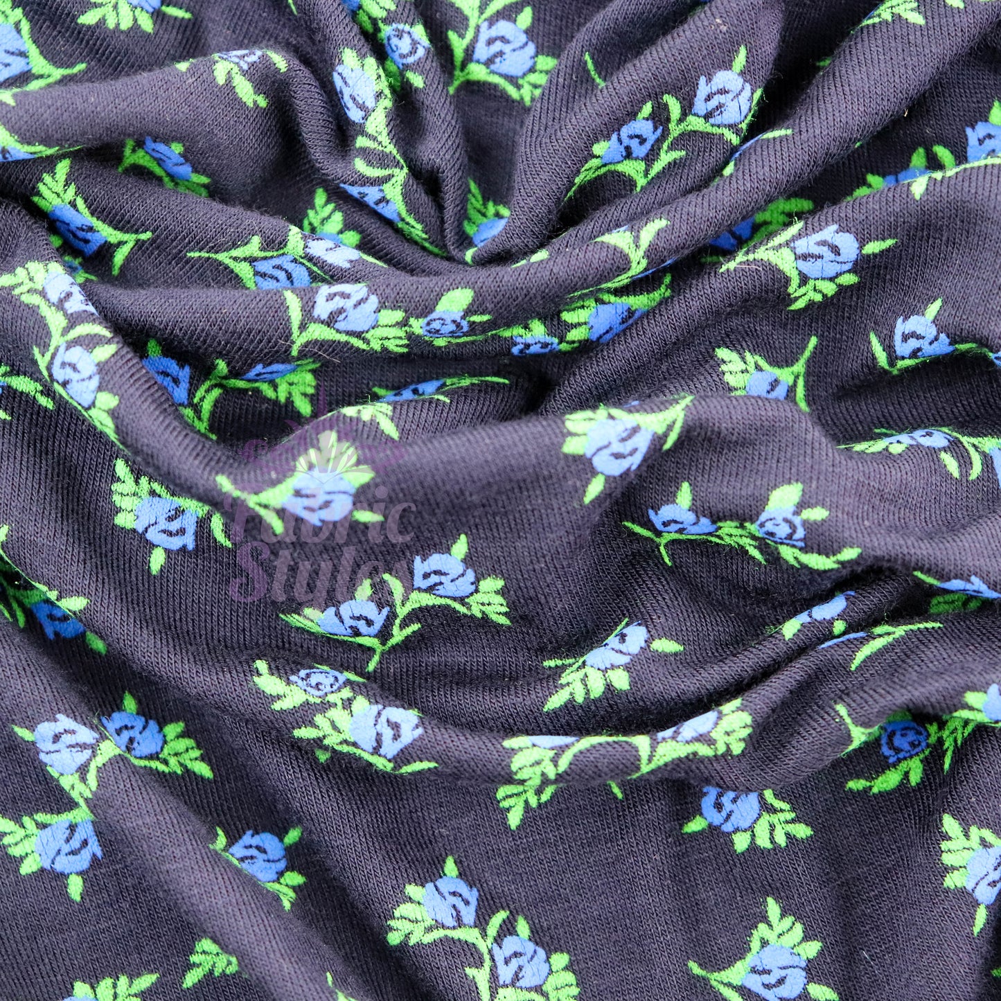 Navy Ditsy Small Floral Blue Roses Green Leaves Viscose Elastane Fabric
