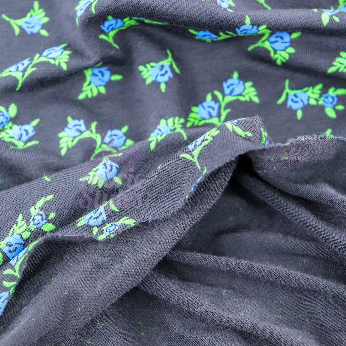 Navy Ditsy Small Floral Blue Roses Green Leaves Viscose Elastane Fabric